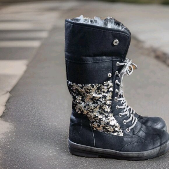 Justice Girls  Black Fur-lined Lace-up Fold Winter Boots W/Sequins Size 8 - Picture 4 of 8